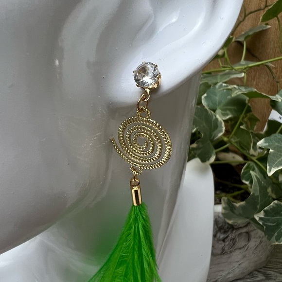Long Dangle Green Feather Hippie Chic Earrings - Vibrant Whimsical Earrings - Picture 10 of 17
